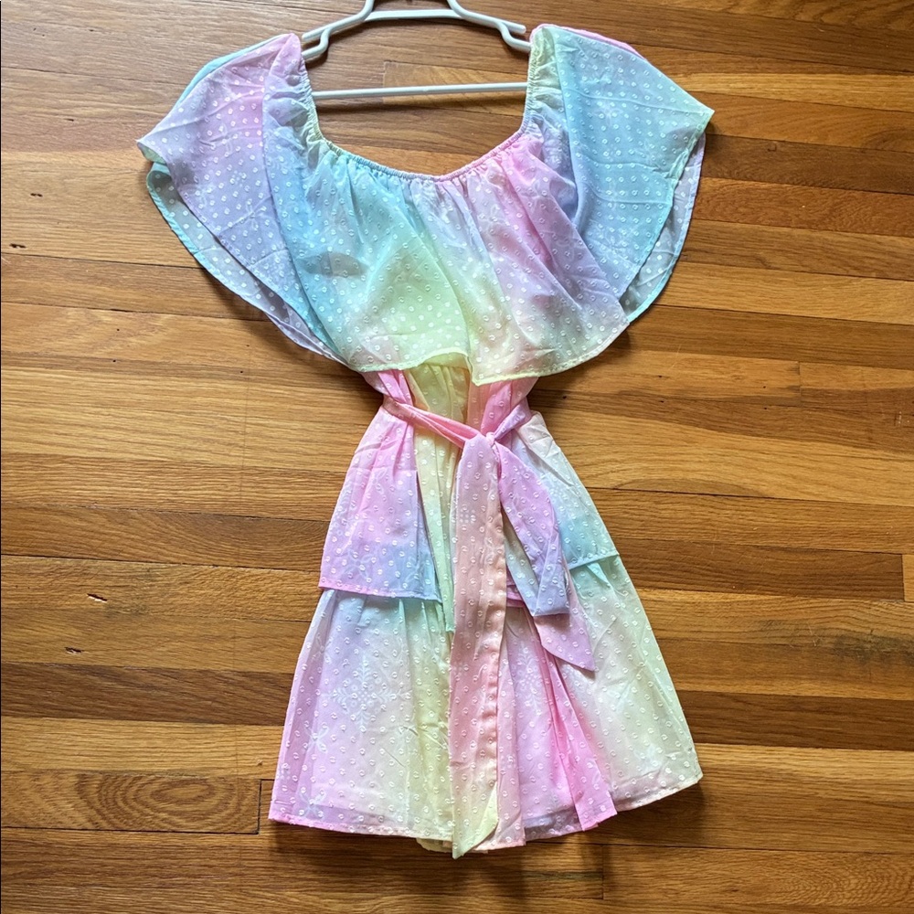 Vici Pastel Rainbow Ruffle Off-Shoulder Eyelet Mini Dress